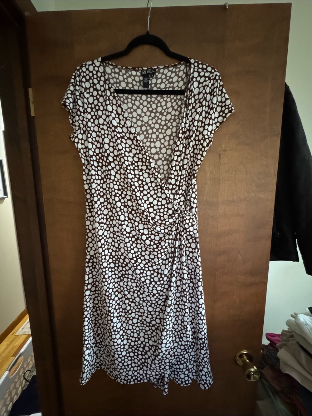 Tahari White and Brown Polka Dot Wrap Dress